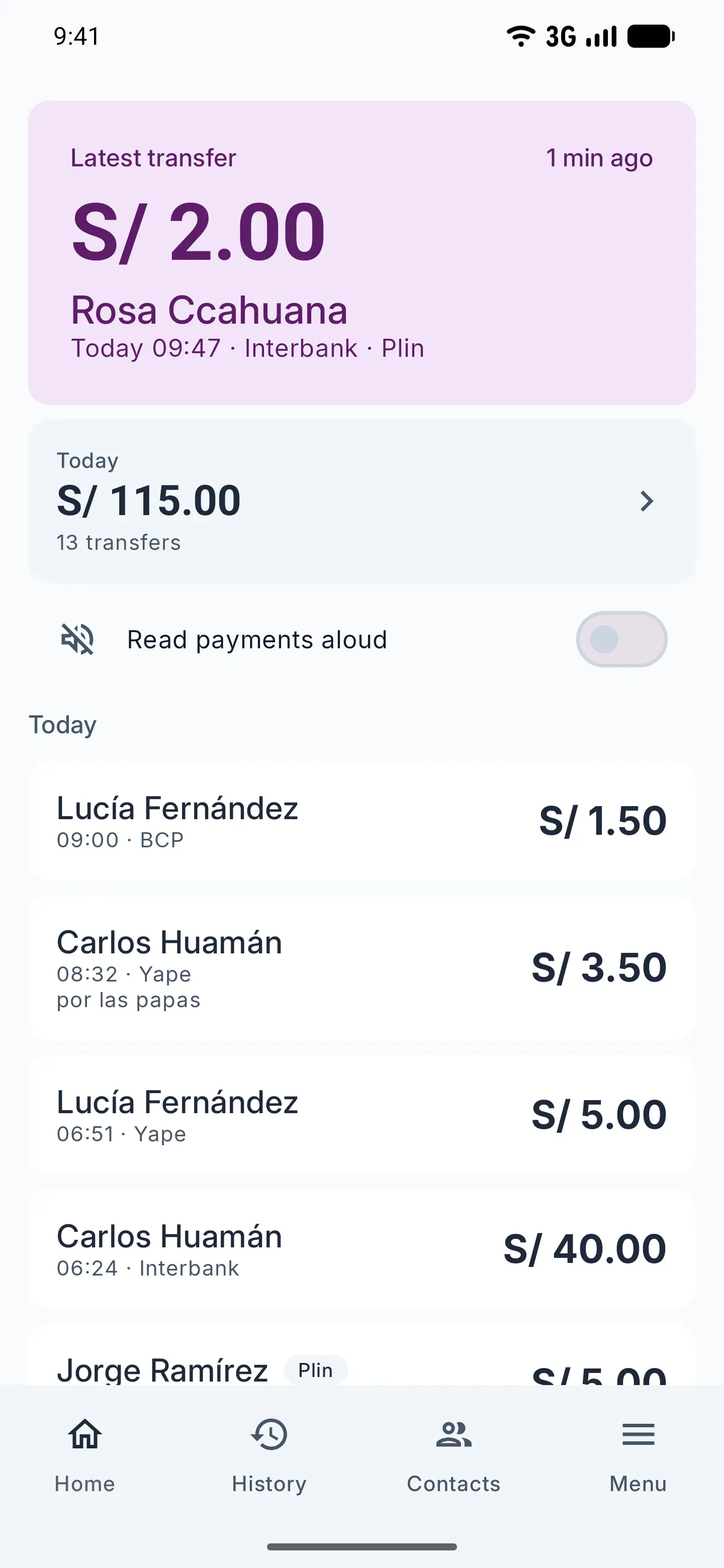 Yalape showing the latest money received, with the amount in large type and the day’s total.