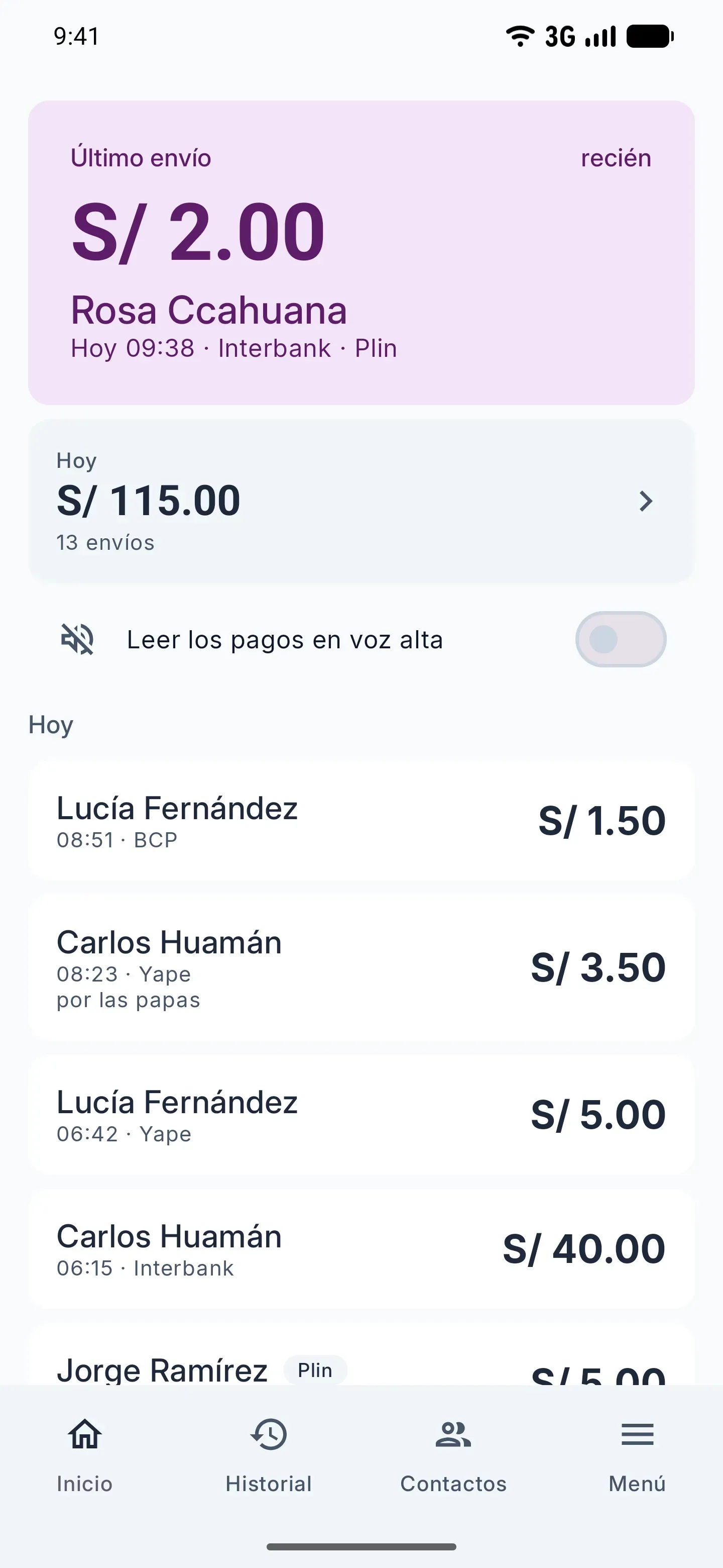 Yalape mostrando lo último que llegó, con el monto en grande y el total del día.