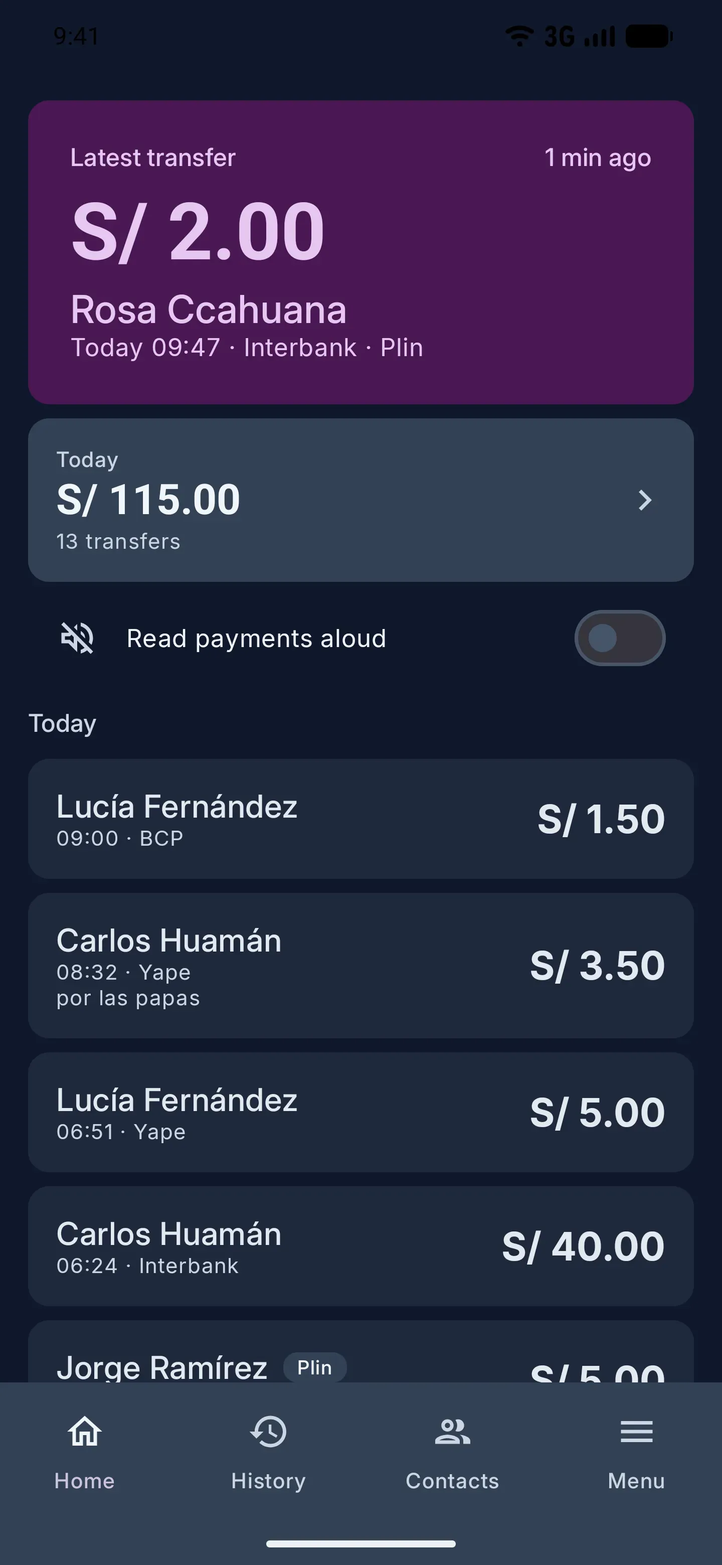 Yalape showing the latest money received, with the amount in large type and the day’s total.