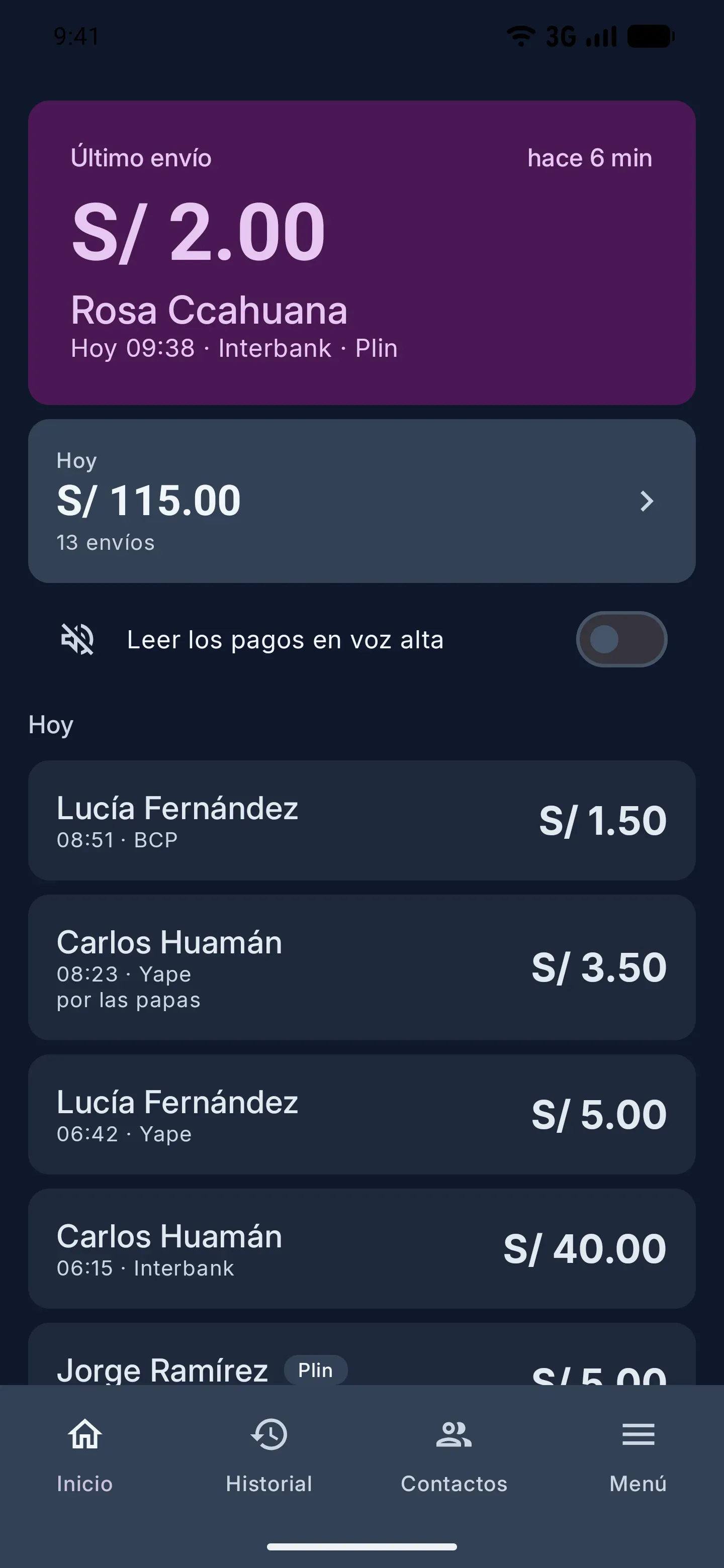 Yalape mostrando lo último que llegó, con el monto en grande y el total del día.